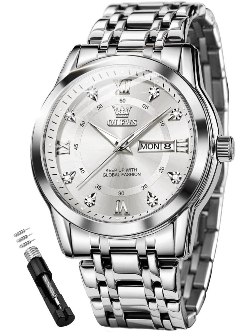 Olevs Men's Silver Diamond Wrist Quartz Stainless Steel Luminous Luxury Watch